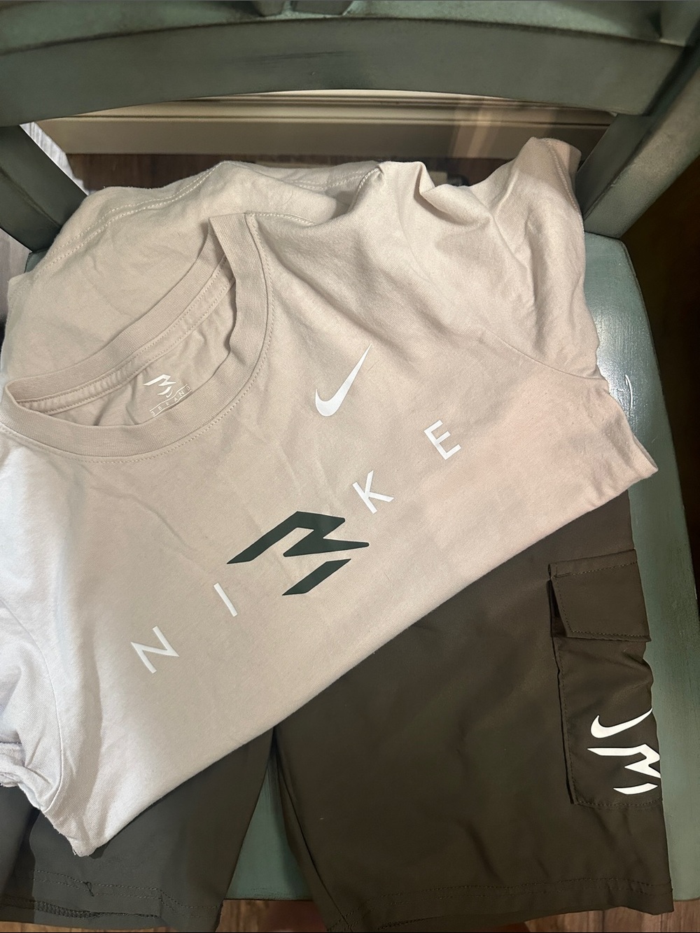 Nike set olive green and cream shorts and tshirt